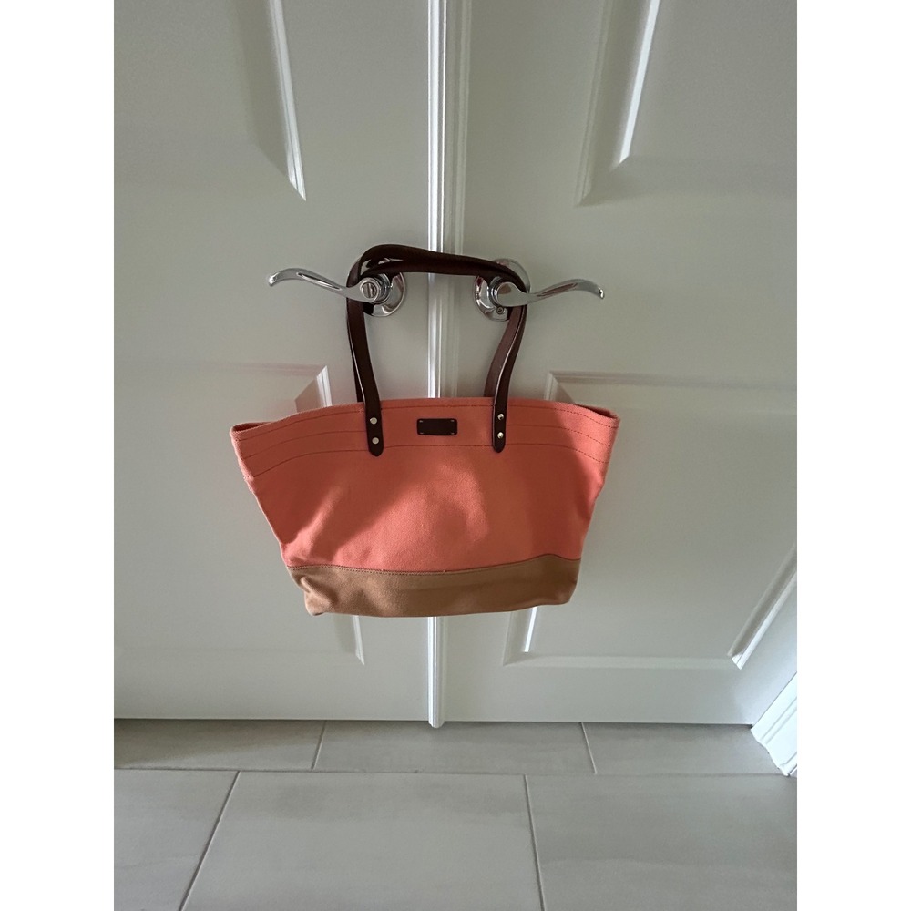 Cole Haan Canvas Tote Bag Coral Tan Colorblock Leather‎ Straps Shoulder Bag